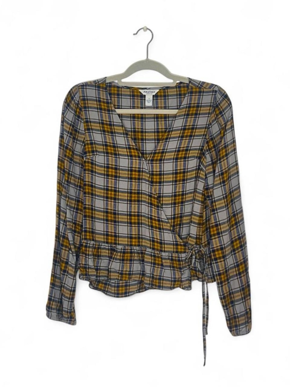 Arizona Plaid Wrap Long-Sleeve Top in Mustard/Gray